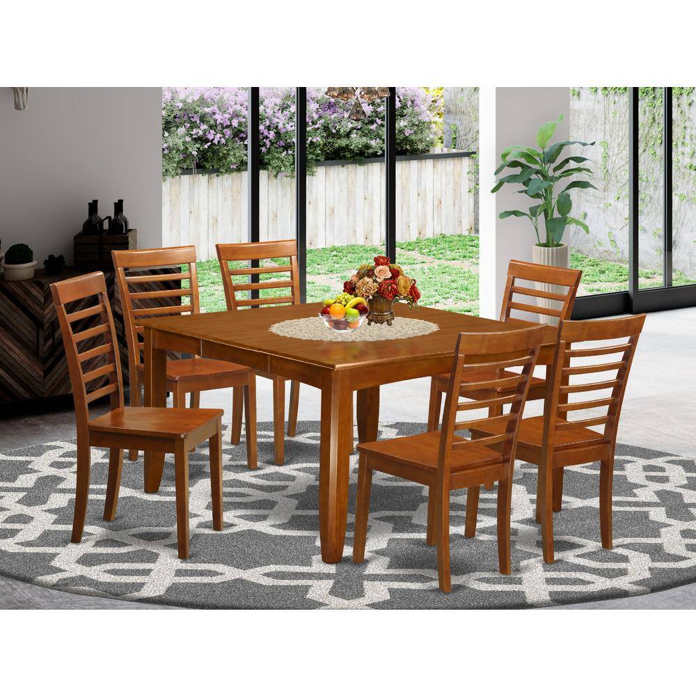 Back. East West Furniture - 7 Pc formal Dining room set-Square Dining Table with Leaf and 6 Dining Chairs. - Saddle Brown.