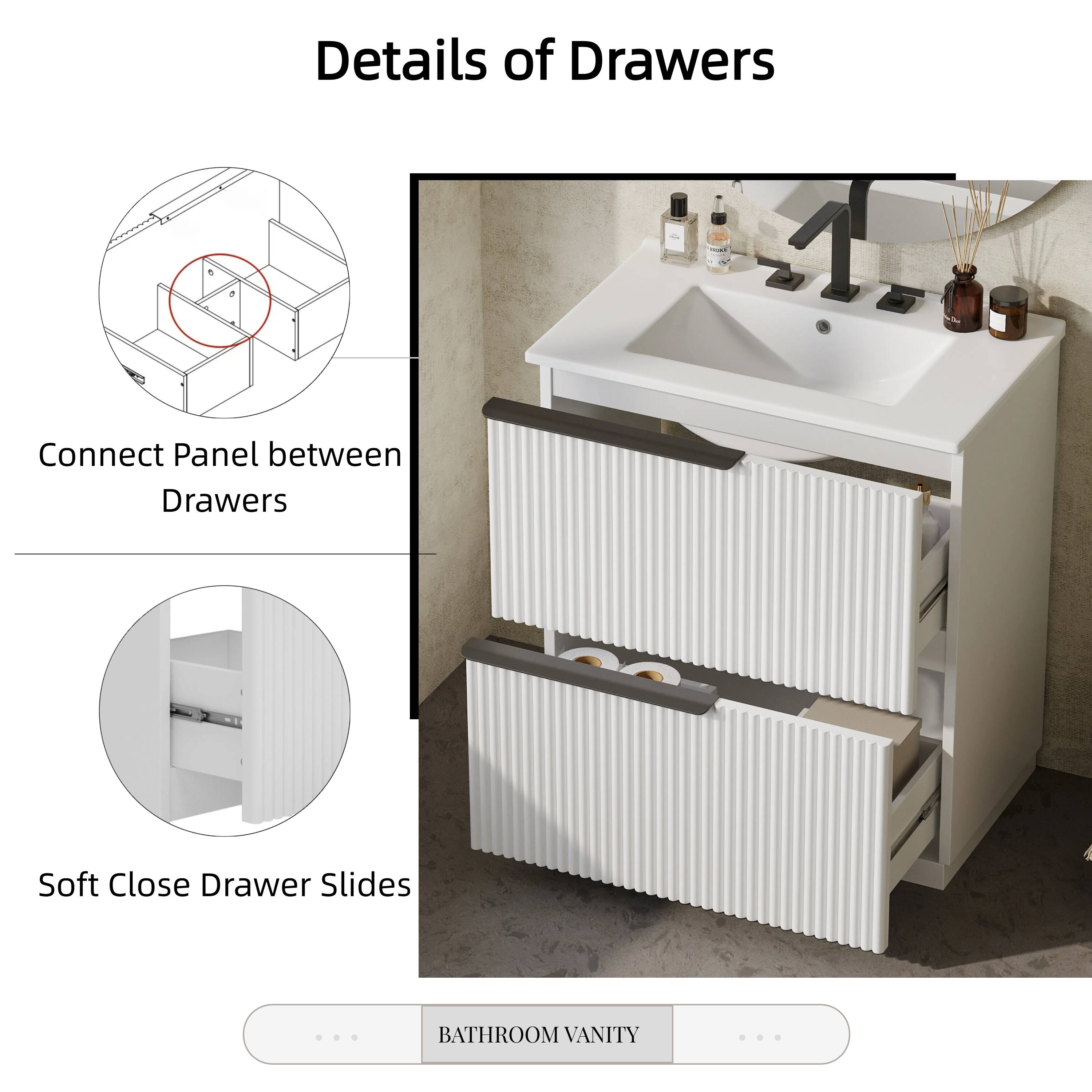 Details of Drawers  
Connect Panel between Drawers  
Soft Close Drawer Slides  
BATHROOM VANITY