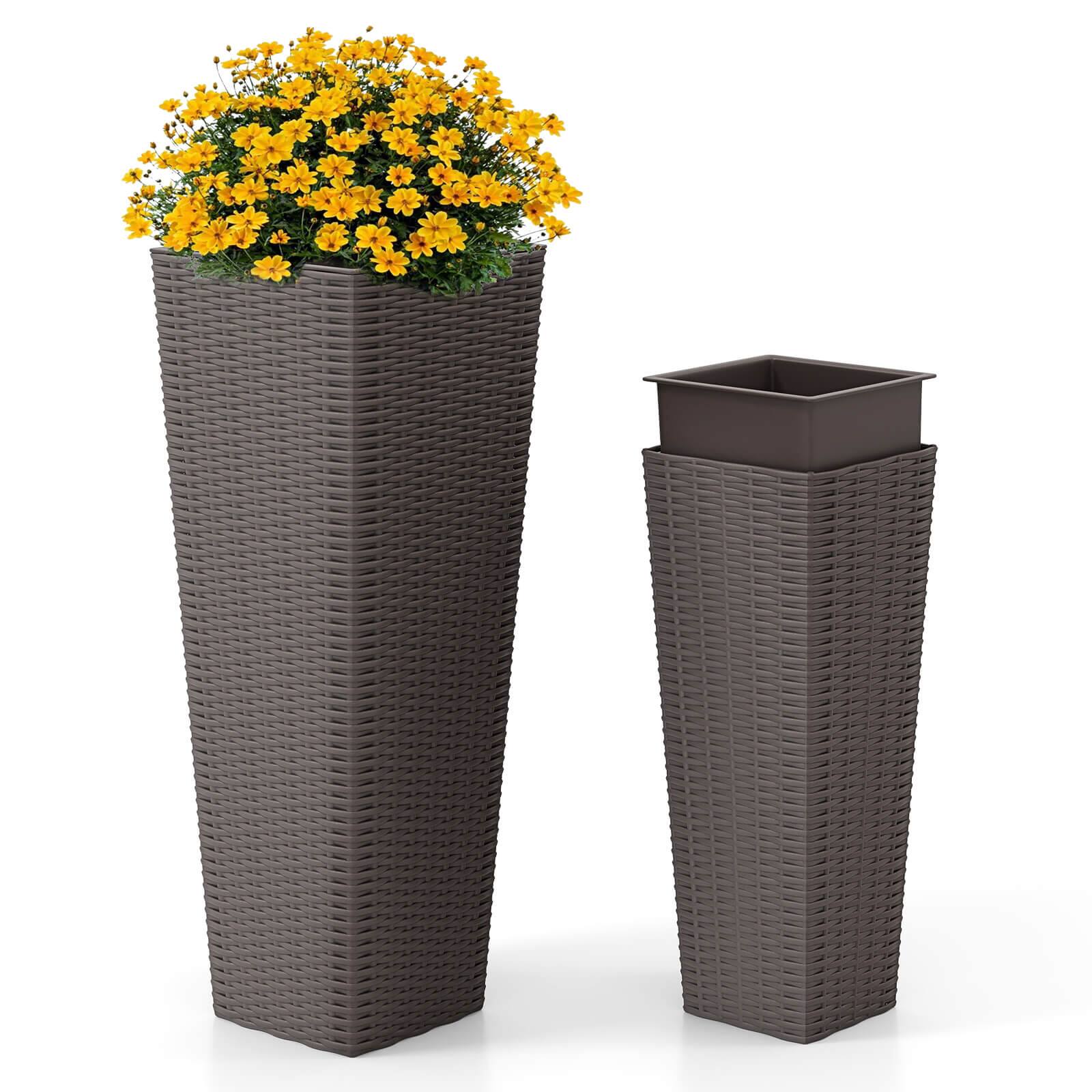 Costway - Rattan Tall Planter Set of 2 with Removable Inner Trays, Drainage Holes for Garden - Coffee price history on PriceWatchPro