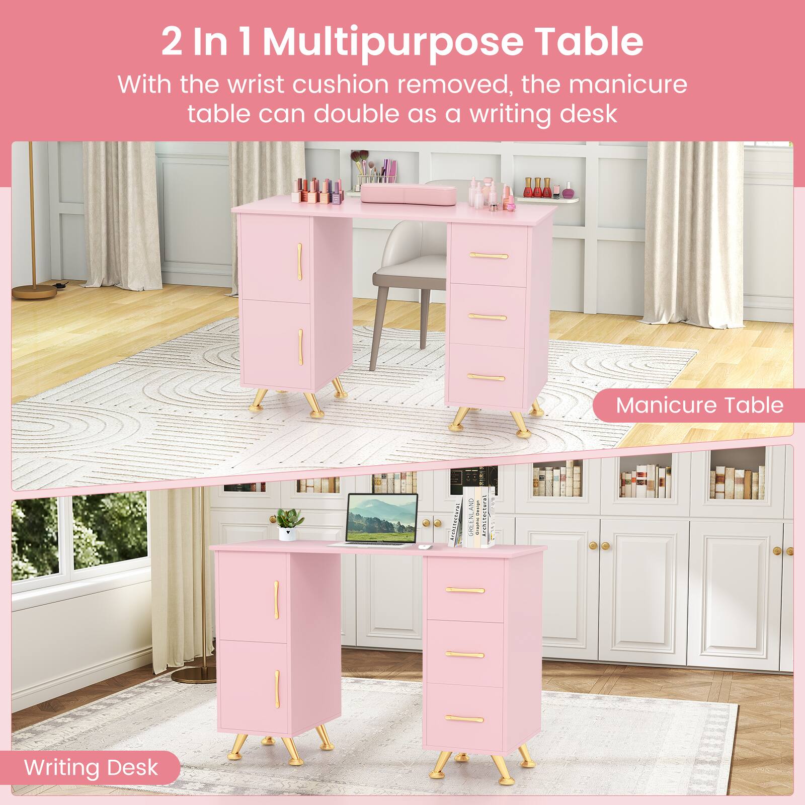 2 In 1 Multipurpose Table

With the wrist cushion removed, the manicure table can double as a writing desk

Manicure Table

Writing Desk