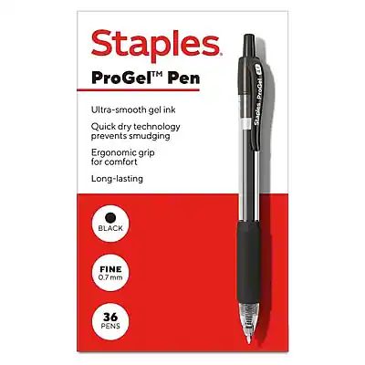 Staples ProGel™ Pen
Ultra-smooth gel ink
Quick dry technology prevents smudging
Ergonomic grip for comfort
Long-lasting
BLACK
FINE 0.7 mm
36 PENS