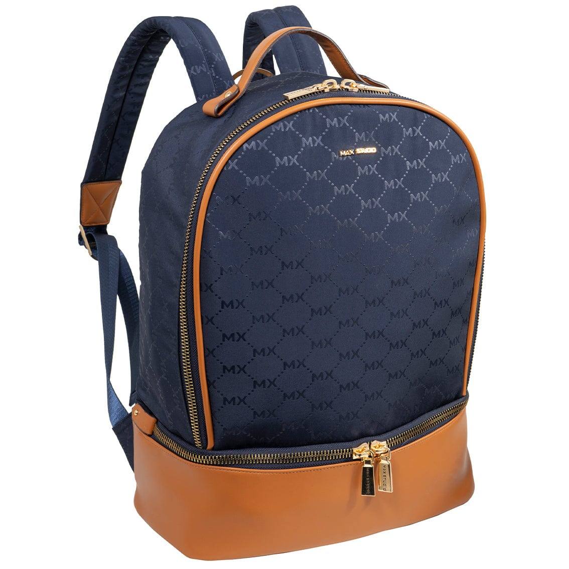 Max Studio - 18 Inch Two-Toned Nylon Signature Print Backpack - Navy