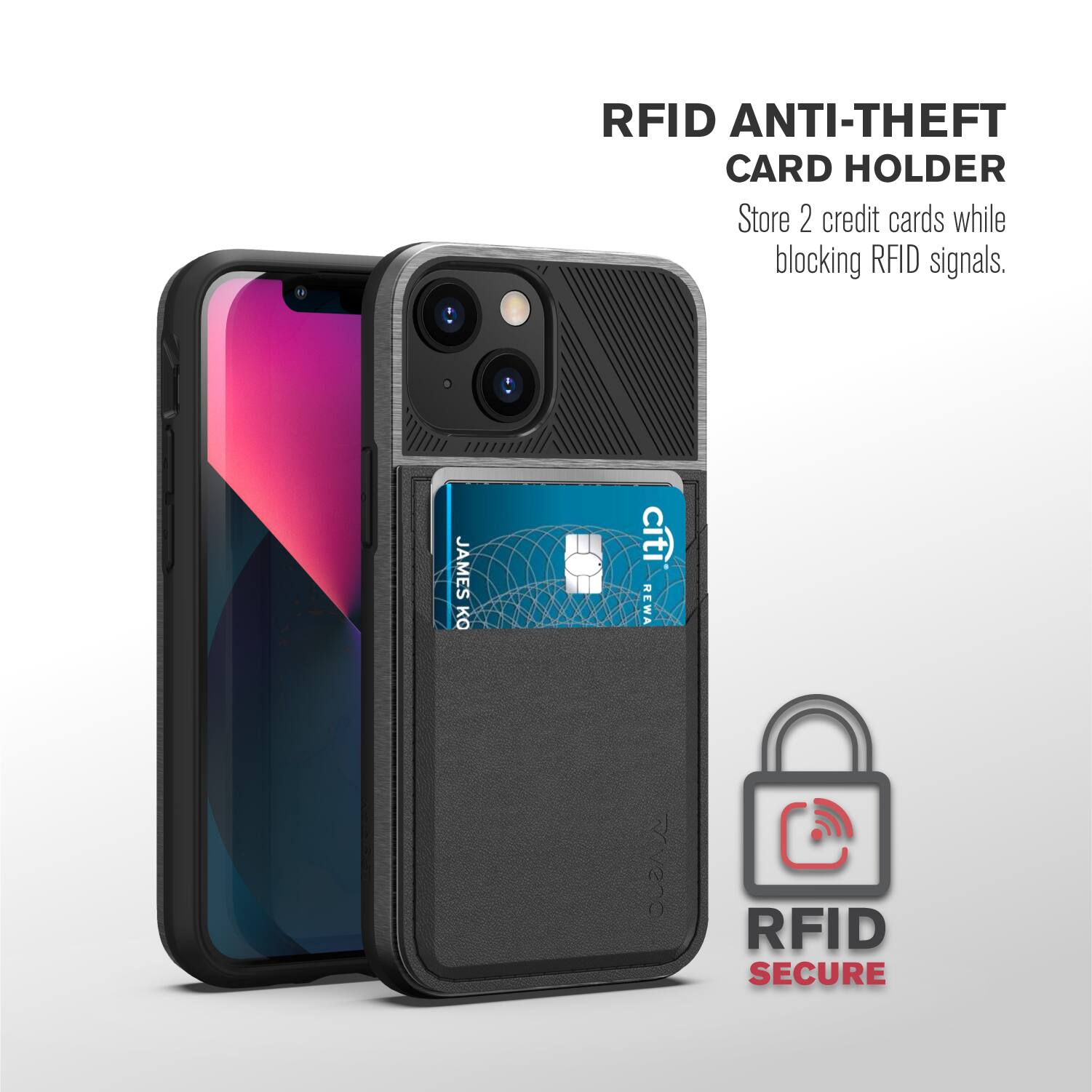 RFID ANTI-THEFT CARD HOLDER  
Store 2 credit cards while blocking RFID signals.  
JAMES  
cti NEWA 2/00  
RFID SECURE