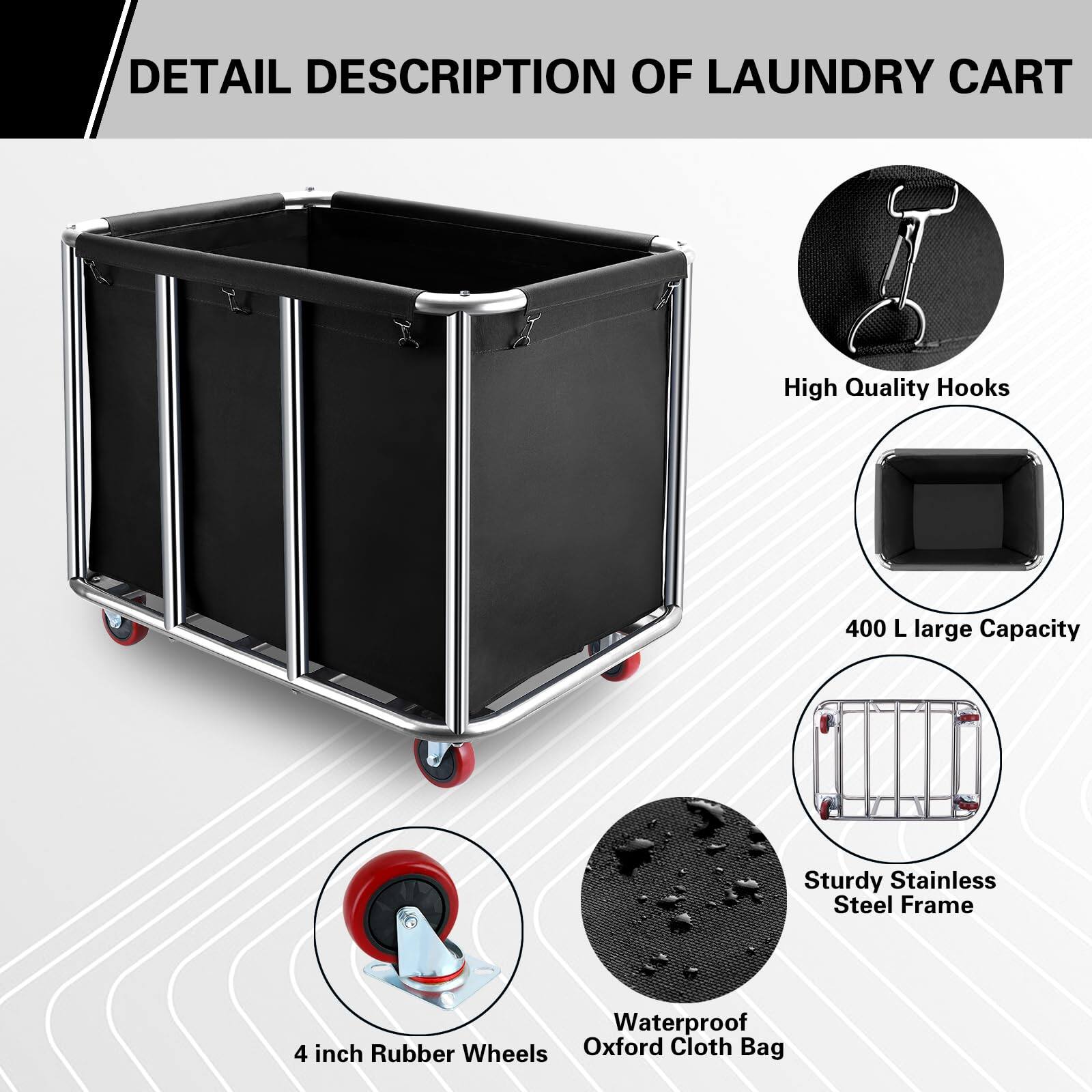 DETAIL DESCRIPTION OF LAUNDRY CART

- High Quality Hooks
- 400 L large Capacity
- Sturdy Stainless Steel Frame
- 4 inch Rubber Wheels
- Waterproof Oxford Cloth Bag