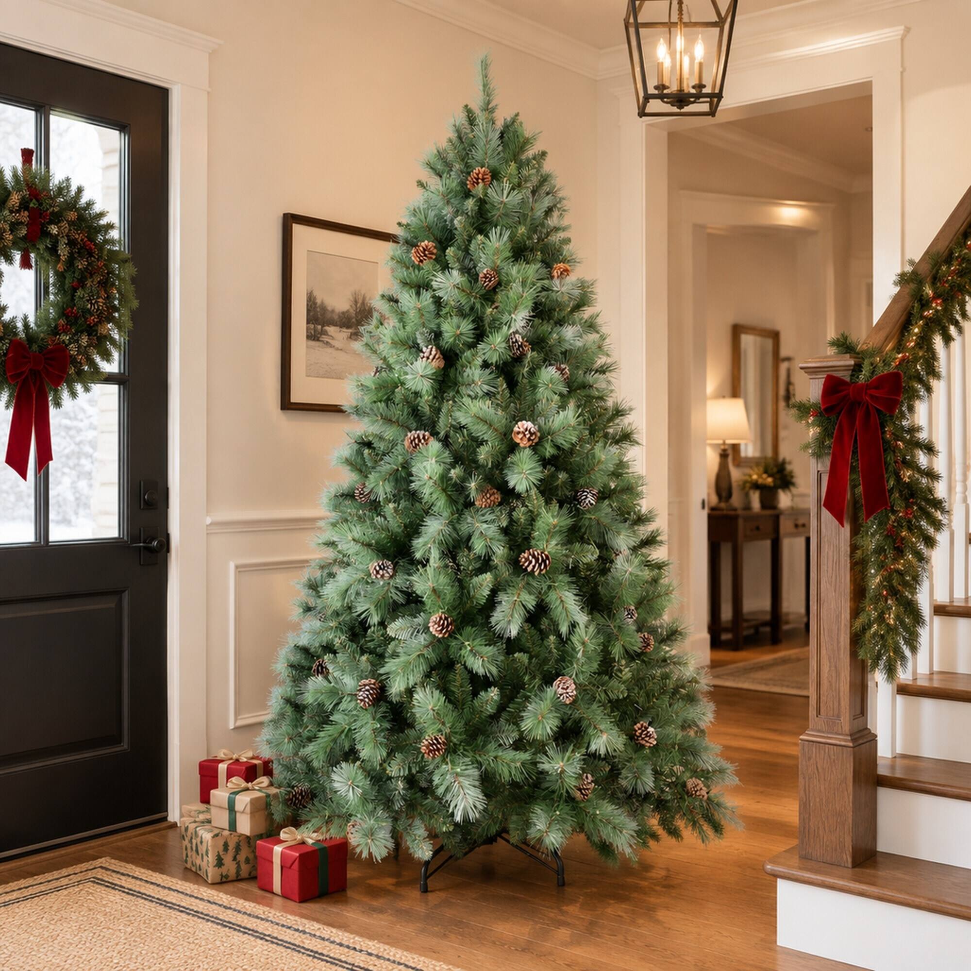 Alt View 1. RYHNUYNE - 8 Ft Full Artificial Christmas Tree With 102 Pine Cones 1858 Tips, Mixed Hard Needle Branches Metal Stand Decor - Green.