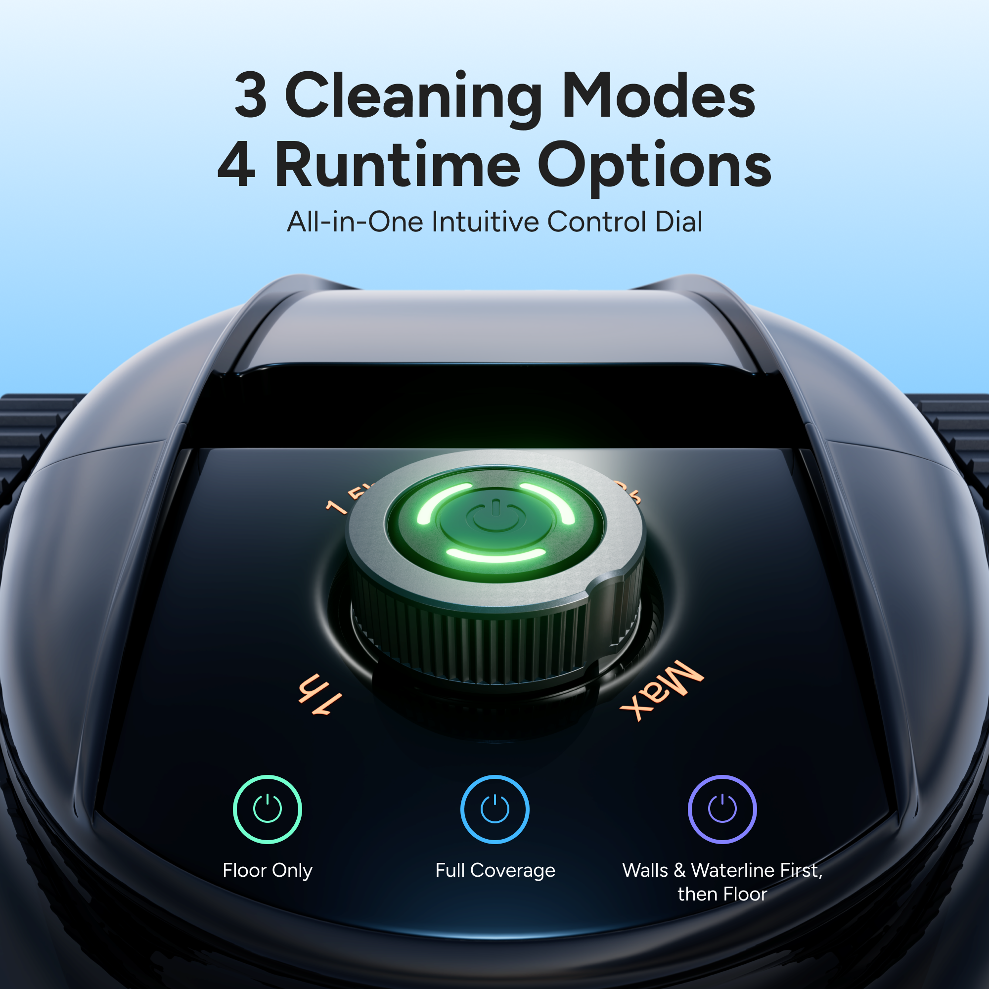 3 Cleaning Modes  
4 Runtime Options  
All-in-One Intuitive Control Dial  

1. Floor Only  
2. Full Coverage  
3. Walls & Waterline First, then Floor