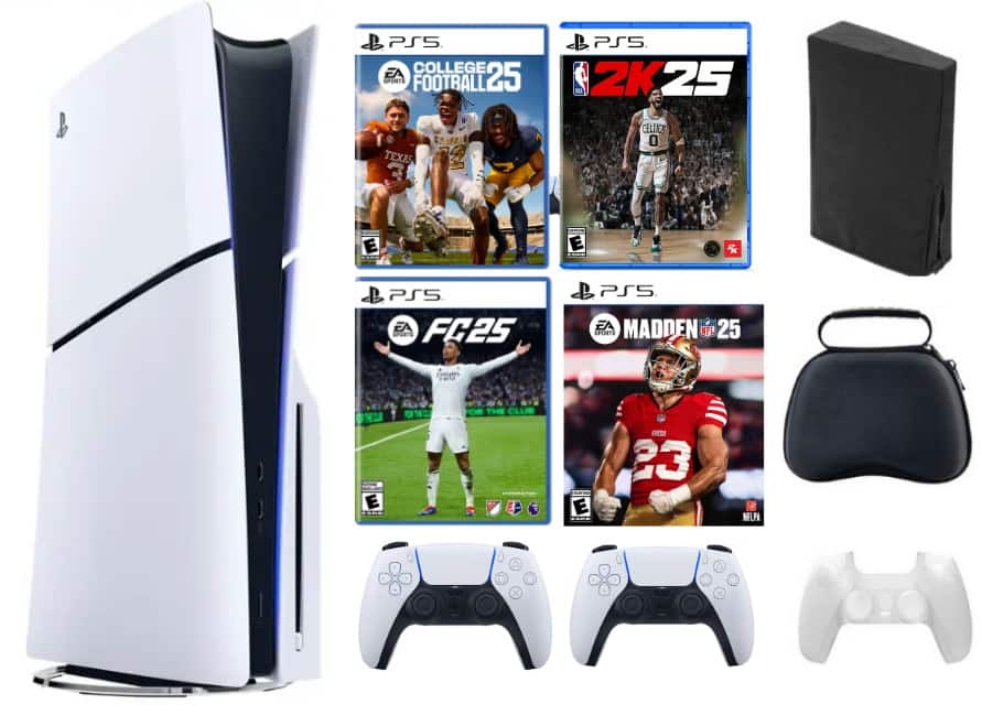 PS5 Slim Disc Sports Bundle, NBA 2K25, Madden NFL 25, College Football 25, FC 25 Games, Accessories, Extra Controller - PlayStation 5
