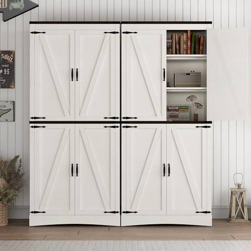Alt View 2. Lent Glitter Wood - Farmhouse Style 4-Door Tall Cabinet Adjustable Shelves & Steel Pipe Reinforced Kitchen & Bathroom Storage - White.