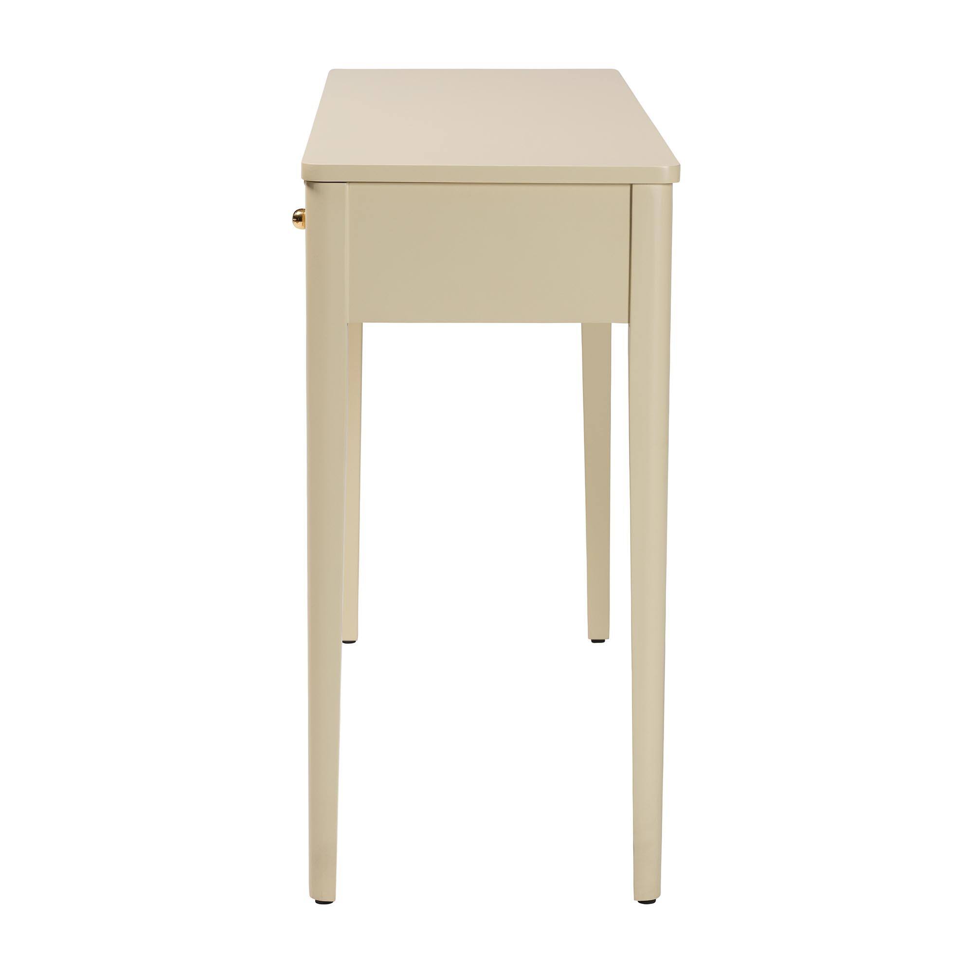 Back. bali & pari - Leeba Console Table - 3-Drawer Accent Table with Fluted Wood and Scalloped Framing for Living Room, Hallway, or Entryway - Beige.