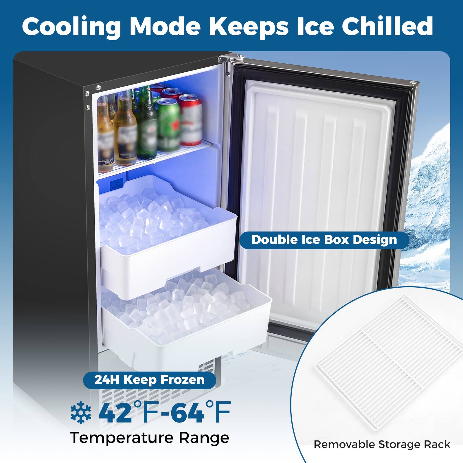 Cooling Mode Keeps Ice Chilled  
Double Ice Box Design  
24H Keep Frozen  
42°F-64°F Temperature Range  
Removable Storage Rack