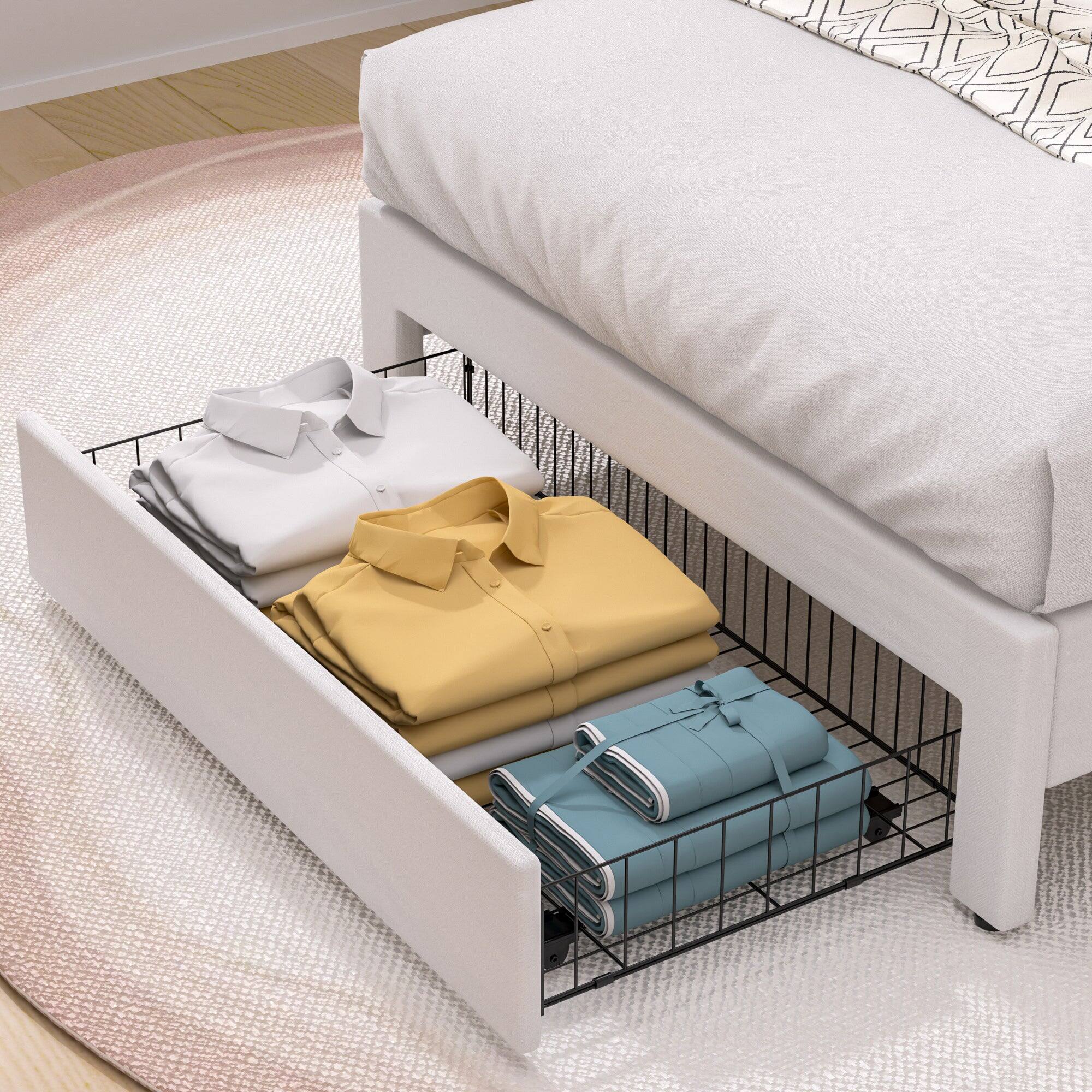 Back. Vecelo - Twin Size Storage Bed Frame with Drawers - Velvet Upholstered, Adjustable Headboard, 800lb Capacity, Noise Free - White.