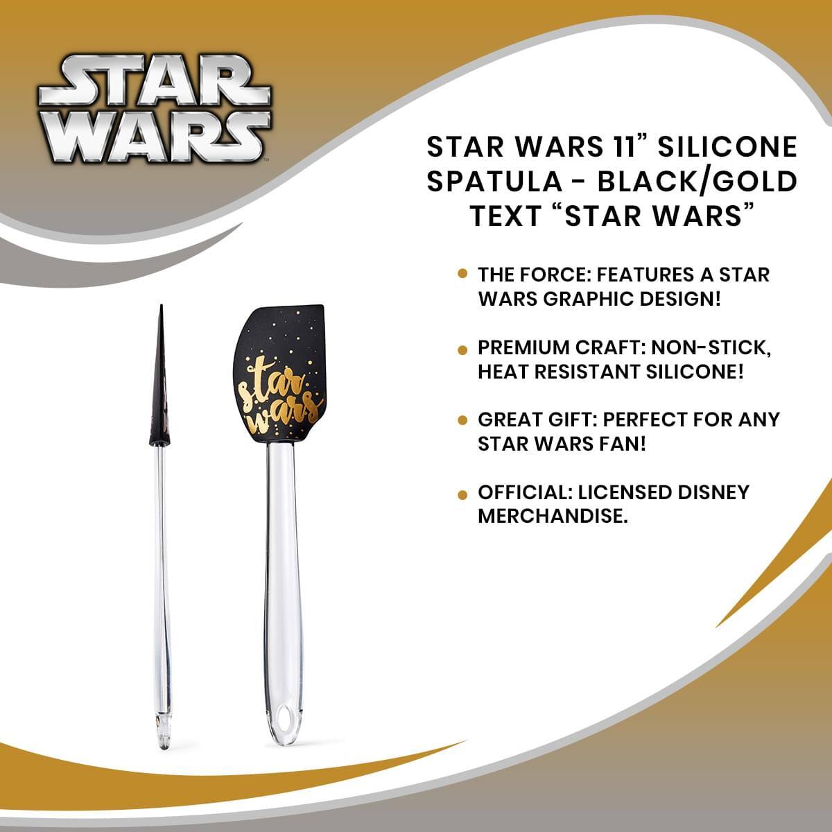 STAR WARS 11" SILICONE SPATULA - BLACK/GOLD TEXT "STAR WARS"

- THE FORCE: FEATURES A STAR WARS GRAPHIC DESIGN!
- PREMIUM CRAFT: NON-STICK, HEAT RESISTANT SILICONE!
- GREAT GIFT: PERFECT FOR ANY STAR WARS FAN!
- OFFICIAL: LICENSED DISNEY MERCHANDISE.