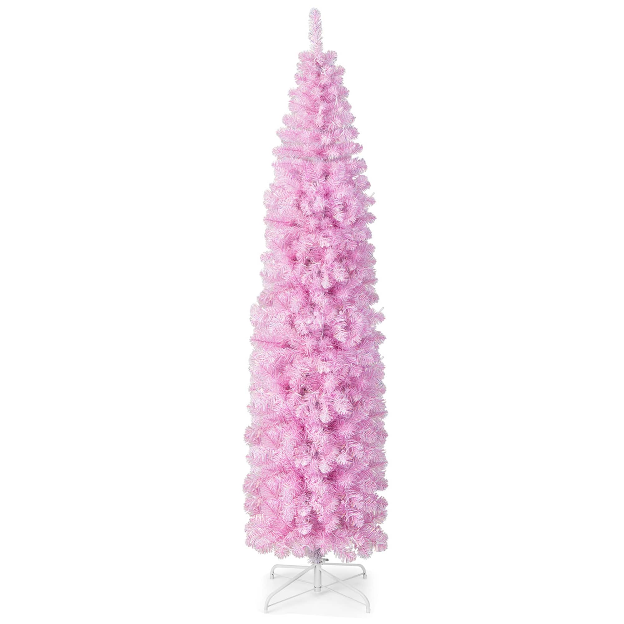 Costway - 7 FT Pre-lit Christmas Tree Hinged Pencil Xmas Decoration with 350 LED Lights Pink - Pink/White