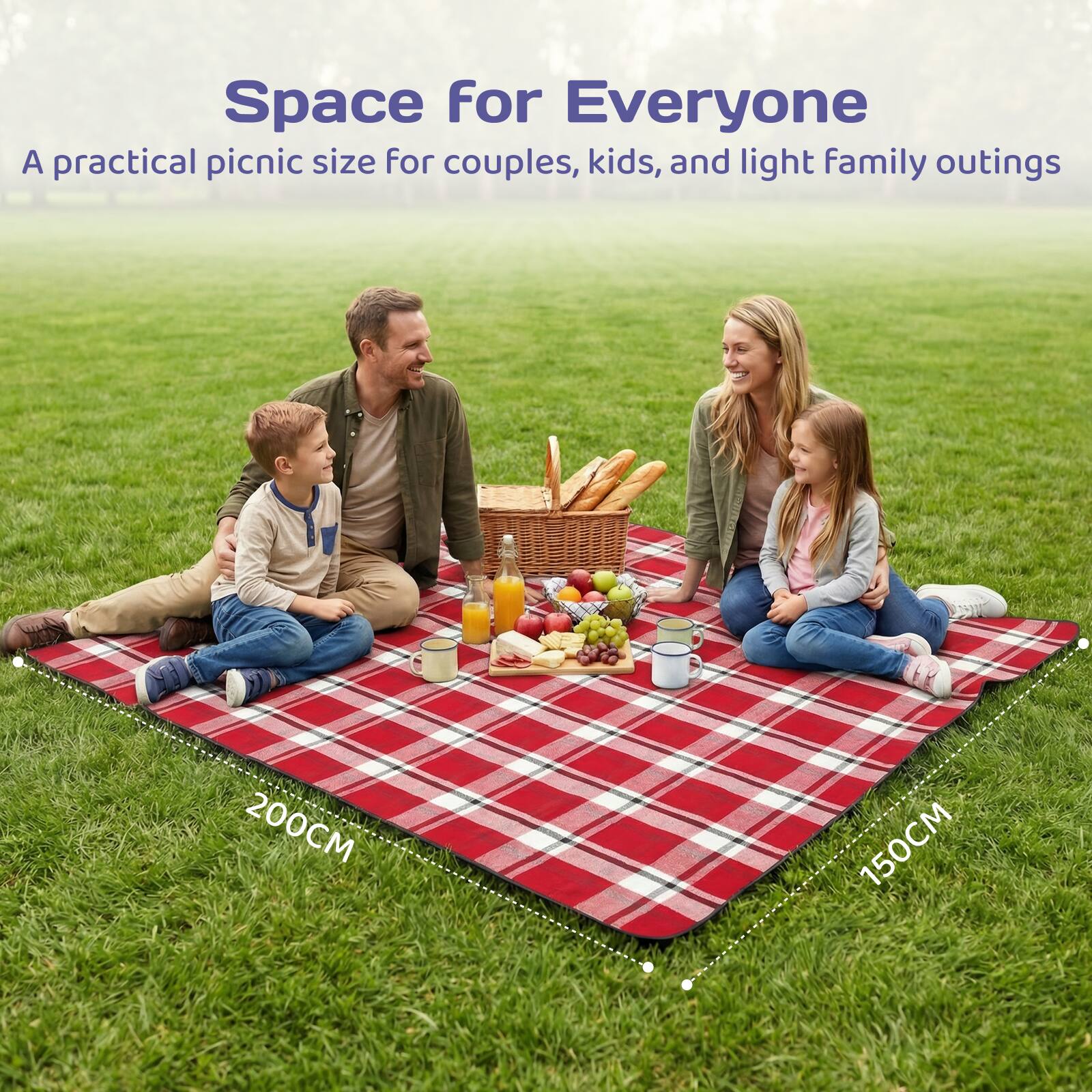 Space for Everyone  
A practical picnic size for couples, kids, and light family outings  
200CM 150CM
