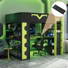 Anysun - Full Size Gaming Loft Bed with Desk & RGB Lights - Pro-Gamer Bed with Power Outlet, Bookshelf, Pegboard & Storage Drawer - Green