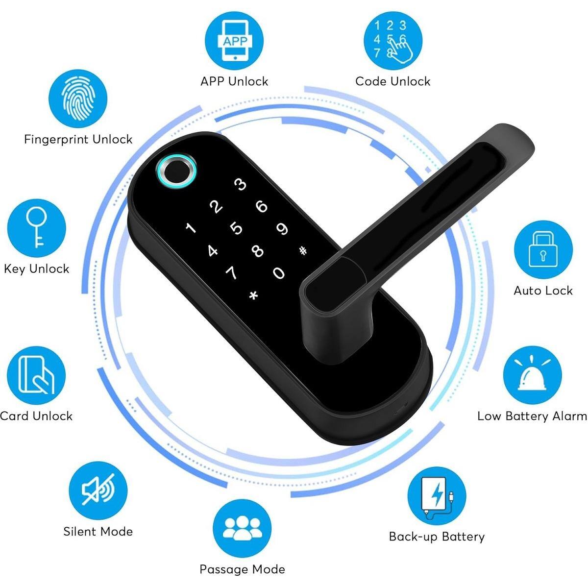- APP Unlock
- Fingerprint Unlock
- Key Unlock
- Card Unlock
- Code Unlock
- Auto Lock
- Low Battery Alarm
- Silent Mode
- Back-up Battery
- Passage Mode