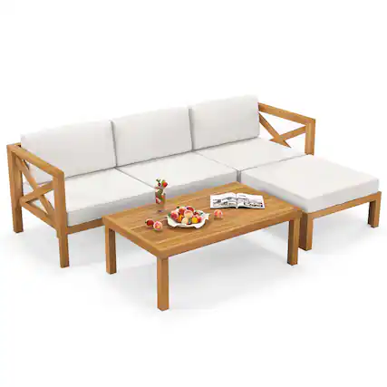 Front. Costway - Costway 5 PCS Outdoor Conversation Furniture Set with 3 Chairs 1 Ottoman 1 Coffee Table - Off White,Natural.