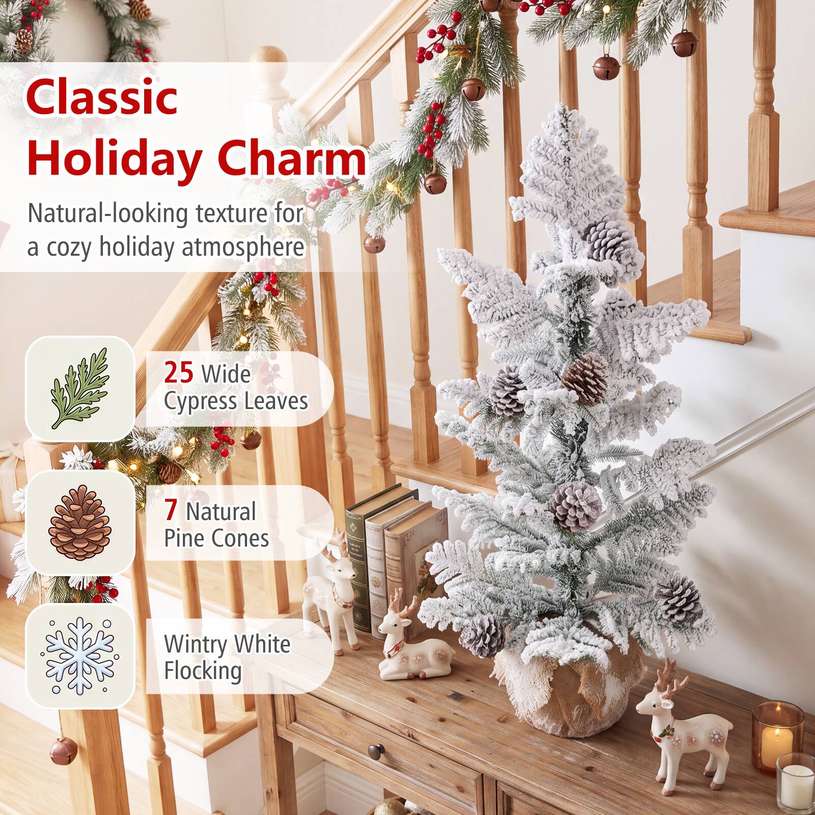 Classic Holiday Charm  
Natural-looking texture for a cozy holiday atmosphere  

25 Wide Cypress Leaves  
7 Natural Pine Cones  
Wintry White Flocking
