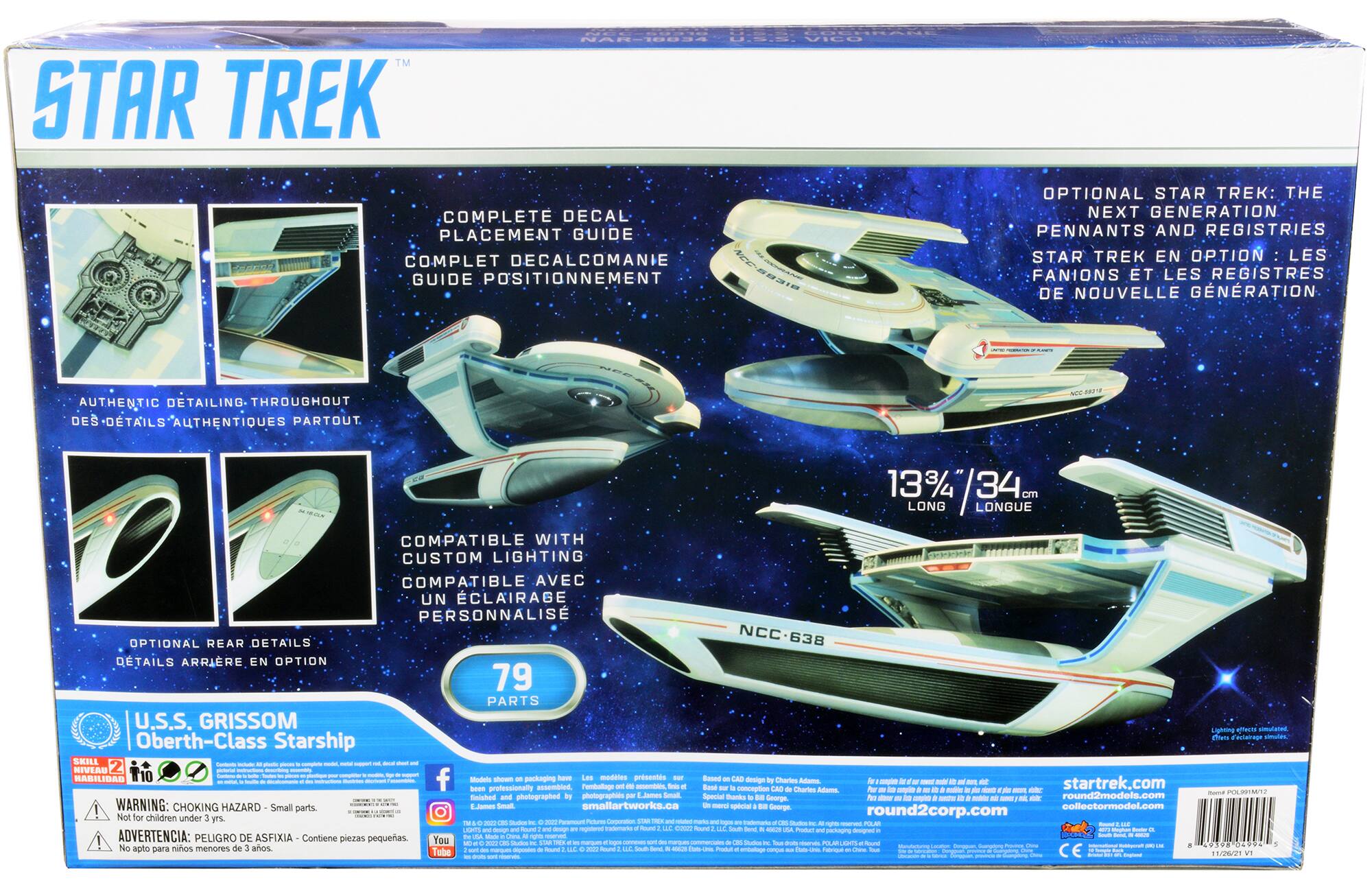STAR TREK™ COMPLETE DECAL PLACEMENT GUIDE COMPLET DECALCOMANIE GUIDE POSITIONNEMENT

OPTIONAL STAR TREK: THE NEXT GENERATION PENNANTS AND REGISTRIES STAR TREK EN OPTION : LES FANIONS ET LES REGISTRES DE NOUVELLE GÉNÉRATION

AUTHENTIC DETAILING THROUGHOUT DES DÉTAILS AUTHENTIQUES PARTOUT

13 3/4 LONG LONGUE

COMPATIBLE WITH CUSTOM LIGHTING COMPATIBLE AVEC UN CLAIRAGE PERSONNALISÉ

OPTIONAL REAR DETAILS DÉTAILS ARRRIÈRE EN OPTION

U.S.S. GRISSOM Oberth-Class Starship

SKILL NIVELAU HABILIDAD

WARNING: CHOKING HAZARD - Small parts. Not for children under 3 yrs. ADVERTENCIA: PELIGRO DE ASFIXIA - Contiene piezas pequeñas. No apto para niños menores de 2 años.

YouTube

79 PARTS

Models shown on packaging have LED lighting and stencils are LEVE unina rights - deposides Round

modien Based are design by Charters Estams No for - DADE and start