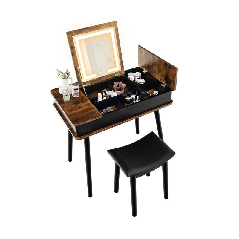 Alt View 1. WELLFOR - Flip‑Top Makeup Vanity Table Set with 3‑Color LED Lighted Mirror, USB Charging Port and PU Padded Stool for Bedroom - Brown.