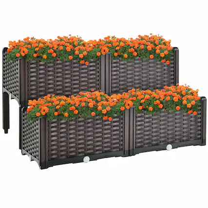 Front. Gymax - Gymax 4 PCS Elevated Plastic Raised Garden Bed Planter Kit for Flower Vegetable Grow - Brown.