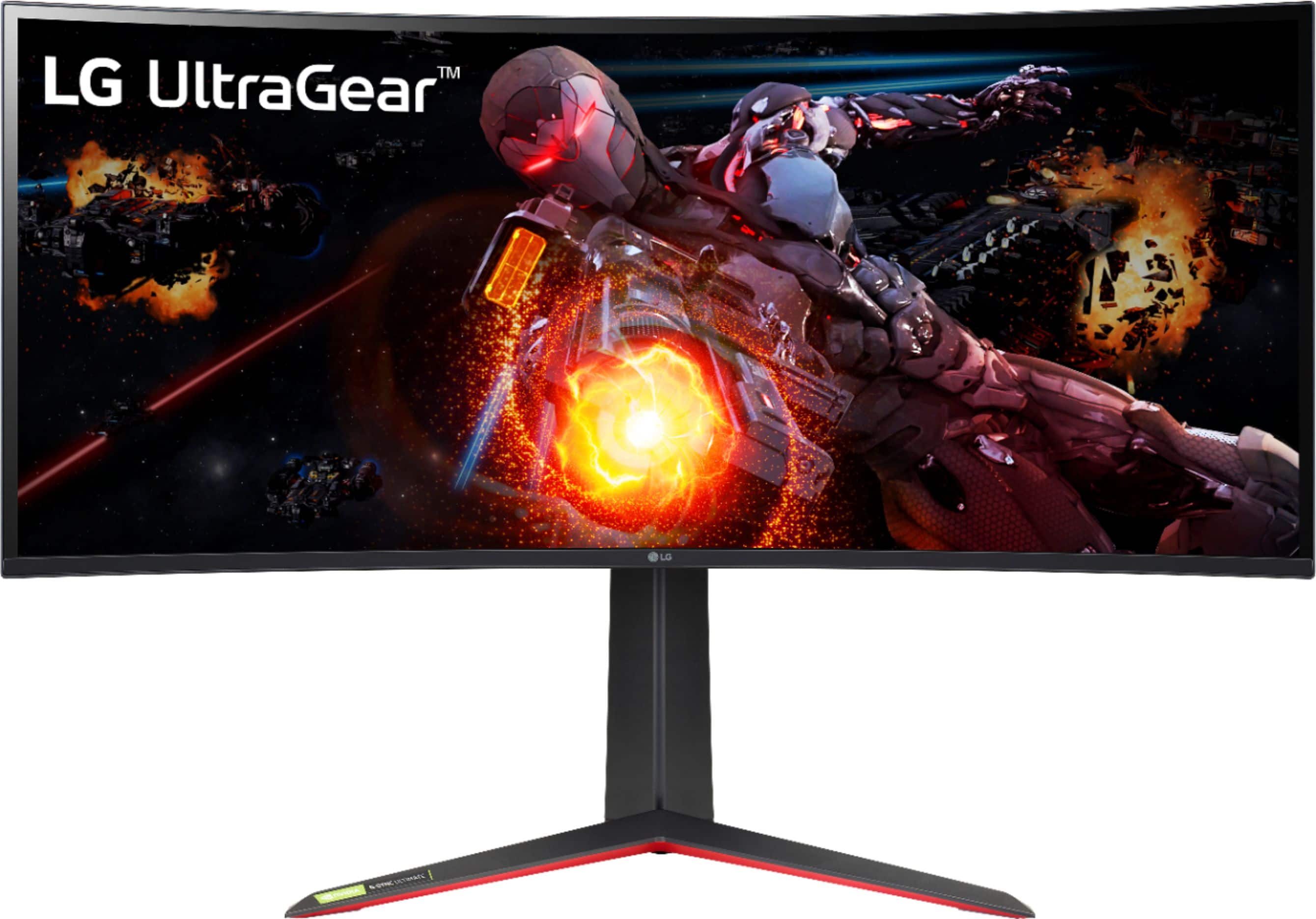 Front. LG - Geek Squad Certified Refurbished UltraGear 34" IPS LED Curved G-SYNC Ultimate Monitor with HDR (HDMI, DisplayPort) - Black.