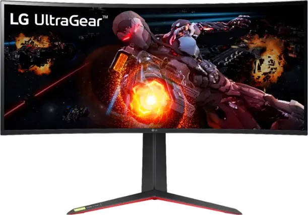 Front. LG - Geek Squad Certified Refurbished UltraGear 34" IPS LED Curved G-SYNC Ultimate Monitor with HDR (HDMI, DisplayPort) - Black.