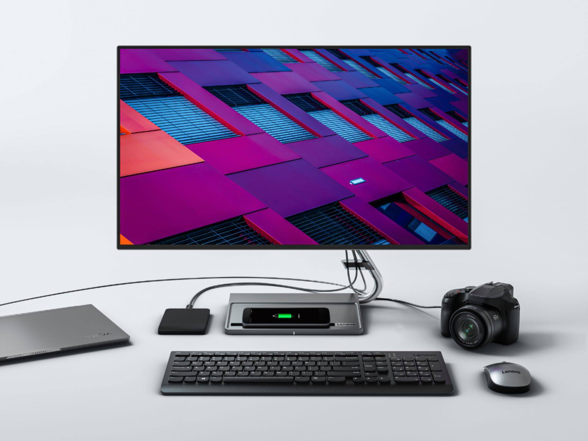 Alt View 21. Lenovo - Geek Squad Certified Refurbished Qreator 27 27" IPS LED UHD FreeSync Monitor In-Panel Speakers Wireless Charging - Black.