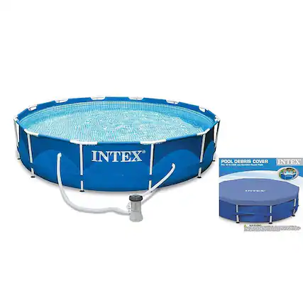 The text on the image is grouped and corrected as follows:
"INTEX POOL DEBRIS COVER INTEX F.E. 12' 1H a Lammar - IPPC WARNING."