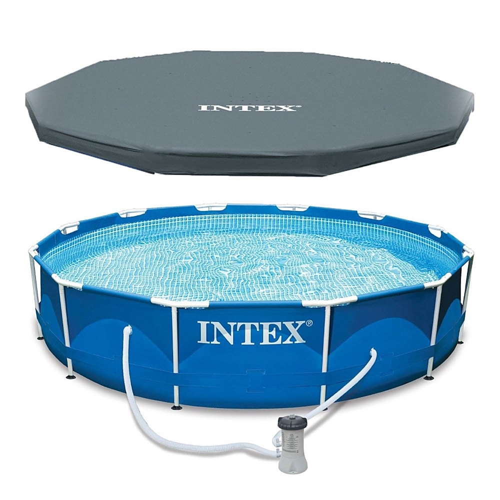 Intex - Metal Frame Above Ground Swimming Pool with Filter and Cover - Blue