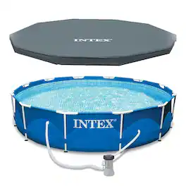 Intex - Metal Frame Above Ground Swimming Pool with Filter and Cover - Blue