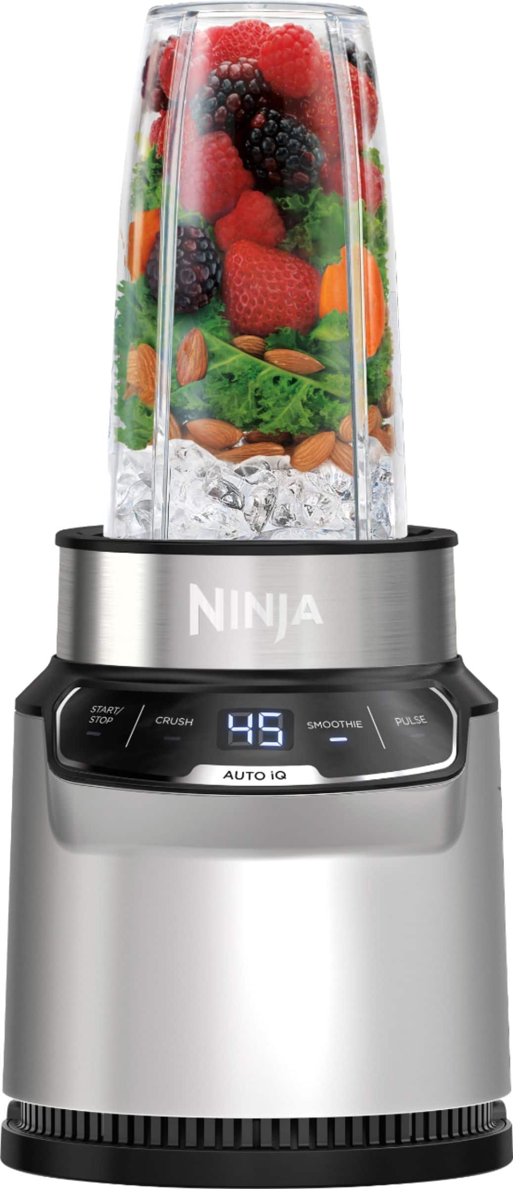 The image features a Ninja blender filled with various fruits and vegetables, such as strawberries, raspberries, and carrots. The blender is designed to easily crush ice and break down whole fruits and vegetables to create nutrient extractions. The blender is equipped with a Pro Extractor Blades Assembly, which is essential for achieving the desired consistency and texture in the final product. This blender is perfect for those who want to create nutritious and delicious smoothies, juices, or other blended beverages.