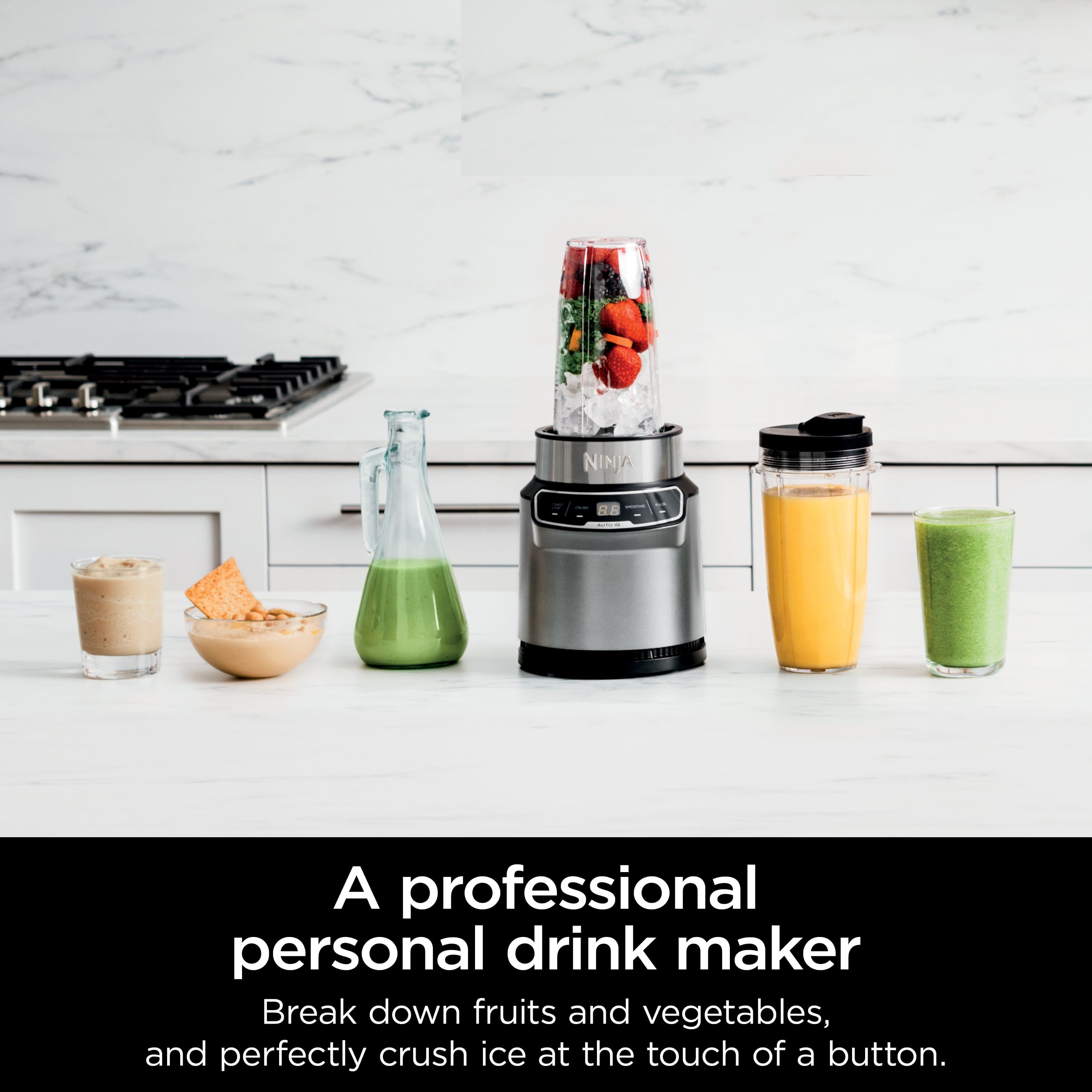 A professional personal drink maker, Nina, allows you to break down fruits and vegetables, and perfectly crush ice at the touch of a button.