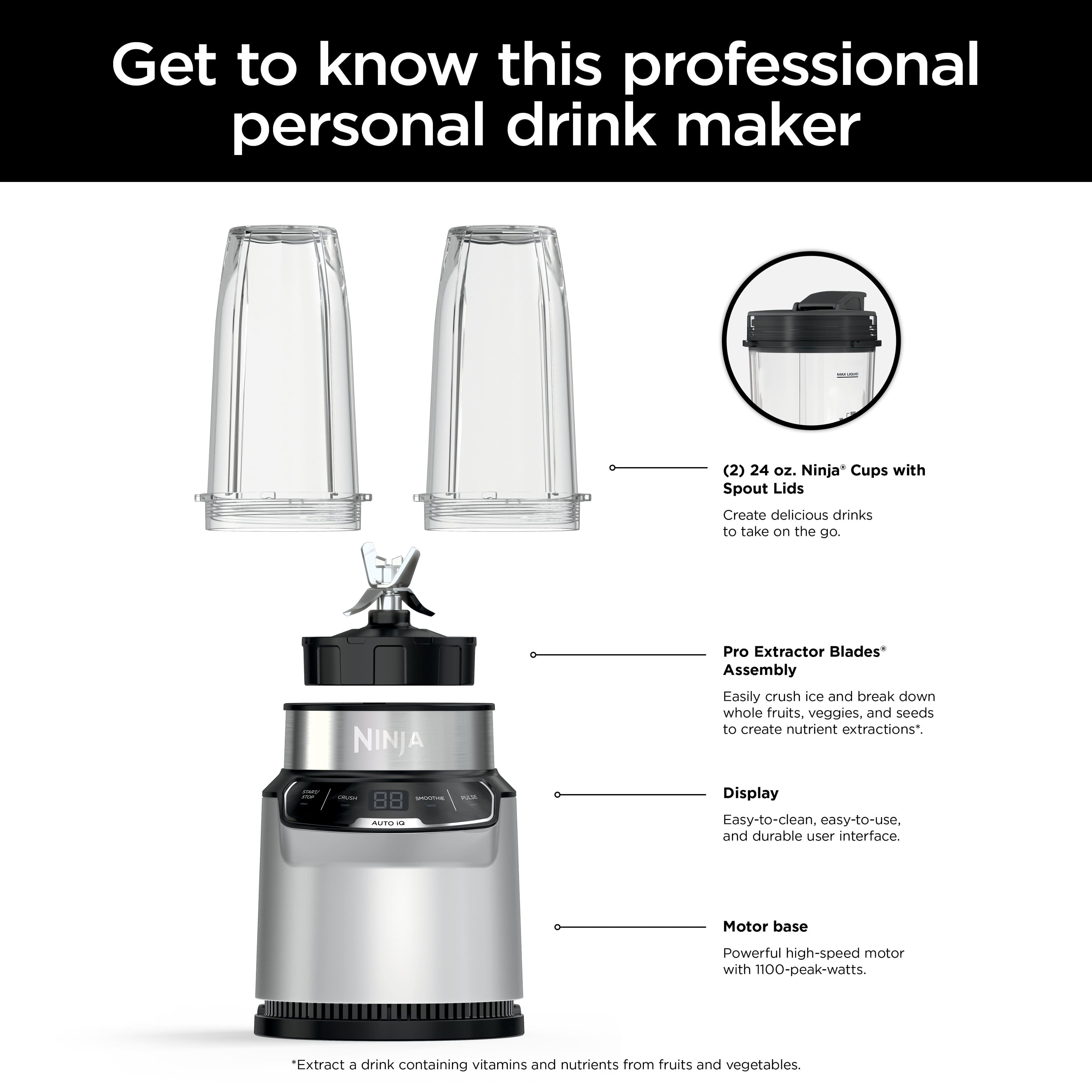 Get to know this professional personal drink maker. It features a powerful high-speed motor with 1100-peak-watts and comes with two 24 oz. Ninja Cups with Spout Lids. Use it to create delicious drinks and take them on the go. The Ninja Pro Extractor Blades are designed to easily crush ice and break down whole fruits, veggies, and seeds to create nutrient extractions. The easy-to-clean, easy-to-use, and durable user interface makes this drink maker a convenient and efficient choice for your daily needs.