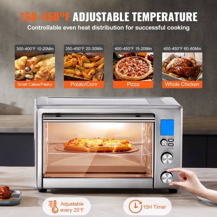 150-450°F ADJUSTABLE TEMPERATURE  
Controllable even heat distribution for successful cooking  

300-400°F 10-20Min  
Small Cakes/Pastry  

350-450°F 20-30Min  
Potato/Corn  

400-450°F 15-20Min  
Pizza  

400-450°F 60-80Min  
Whole Chicken  

Adjustable every 25°F  
10H Timer
