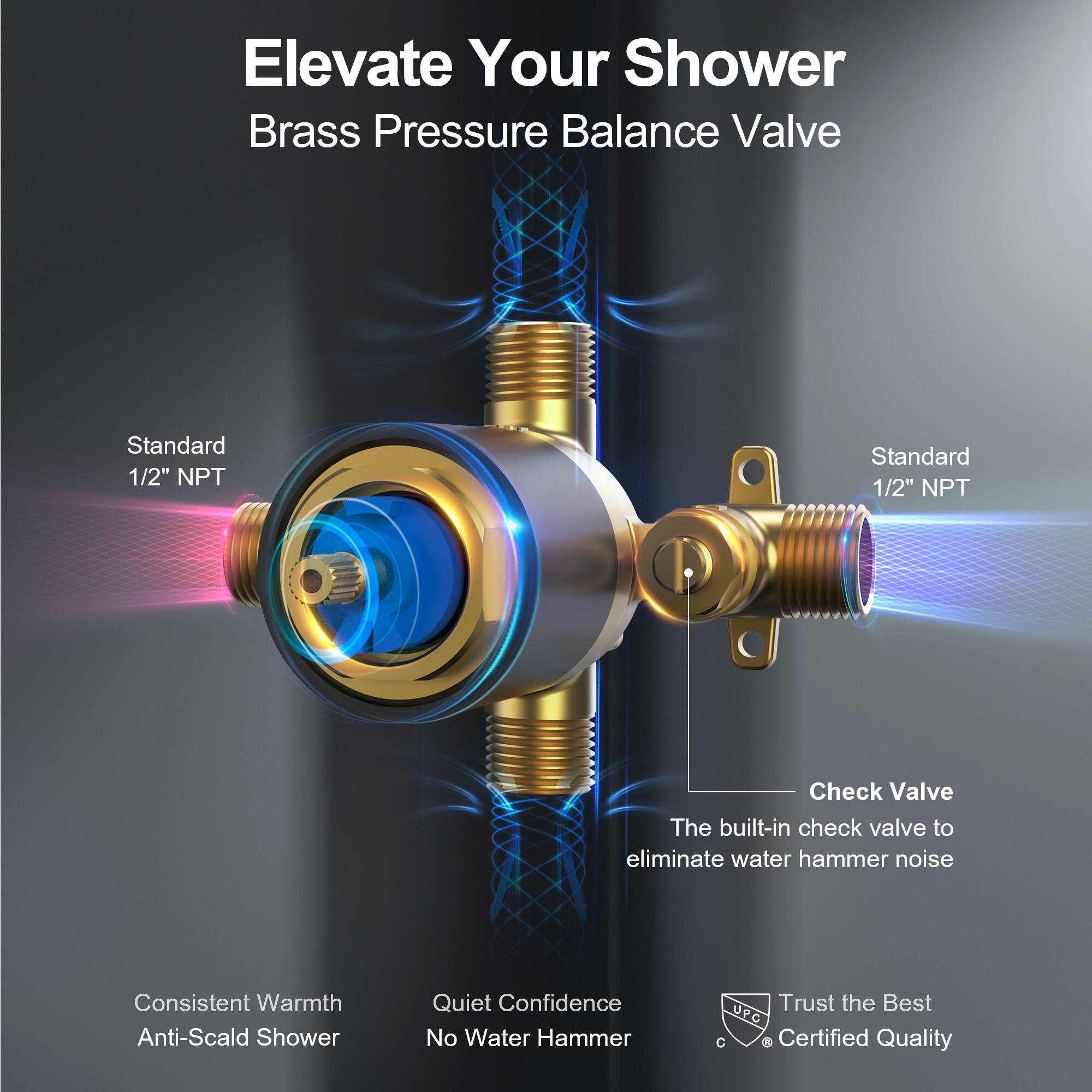 Elevate Your Shower  
Brass Pressure Balance Valve  

Standard 1/2" NPT  
Standard 1/2" NPT  

Check Valve  
The built-in check valve to eliminate water hammer noise  

Consistent Warmth  
Anti-Scald Shower  

Quiet Confidence  
No Water Hammer  

Trust the Best  
UPC Certified Quality