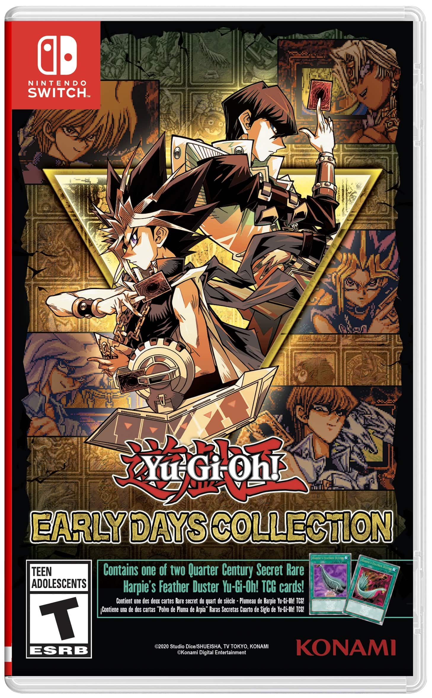 The text on the image reads: "Early Days Collection for Nintendo Switch. Contains one of two Quarter Century Secret Rare & Adolescents Harpie's Feather Duster Yu-Gi-Oh! TCG cards! T 2020 Studio Dice/SHUEISHA, TV TOKYO, KONAMI Konami ESRB Rating: E10+ (for Everyone 10+). Konami Digital Entertainment."