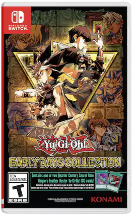 The text on the image reads: "Early Days Collection for Nintendo Switch. Contains one of two Quarter Century Secret Rare & Adolescents Harpie's Feather Duster Yu-Gi-Oh! TCG cards! T 2020 Studio Dice/SHUEISHA, TV TOKYO, KONAMI Konami ESRB Rating: E10+ (for Everyone 10+). Konami Digital Entertainment." - T (Teen 13+)