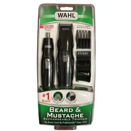 WAHL PRODUCTS
BONUS Nose & Ear Trimmer
WAHL 5-Position, Stubble, Medium & Full Guides
WAHL #1 Blades
2 Cutting Lengths
BEARD & MUSTACHE RECHARGEABLE TRIMMER
The Brand Used By Professionals Since 1919