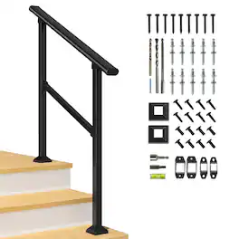 LOVMOR - 1 Pack 3 Step Hand Rails for Outdoor Steps Wrought Iron Railing - Black