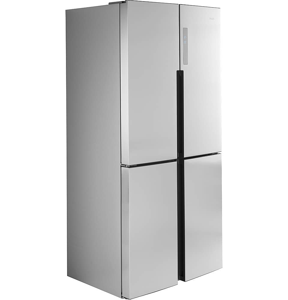 Angle. Haier - 16.8 Cu. Ft. 4-Door French Door Counter Depth Refrigerator with LED Lighting - Stainless Steel.