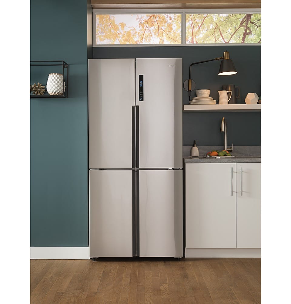 Alt View 24. Haier - 16.8 Cu. Ft. 4-Door French Door Counter Depth Refrigerator with LED Lighting - Stainless Steel.