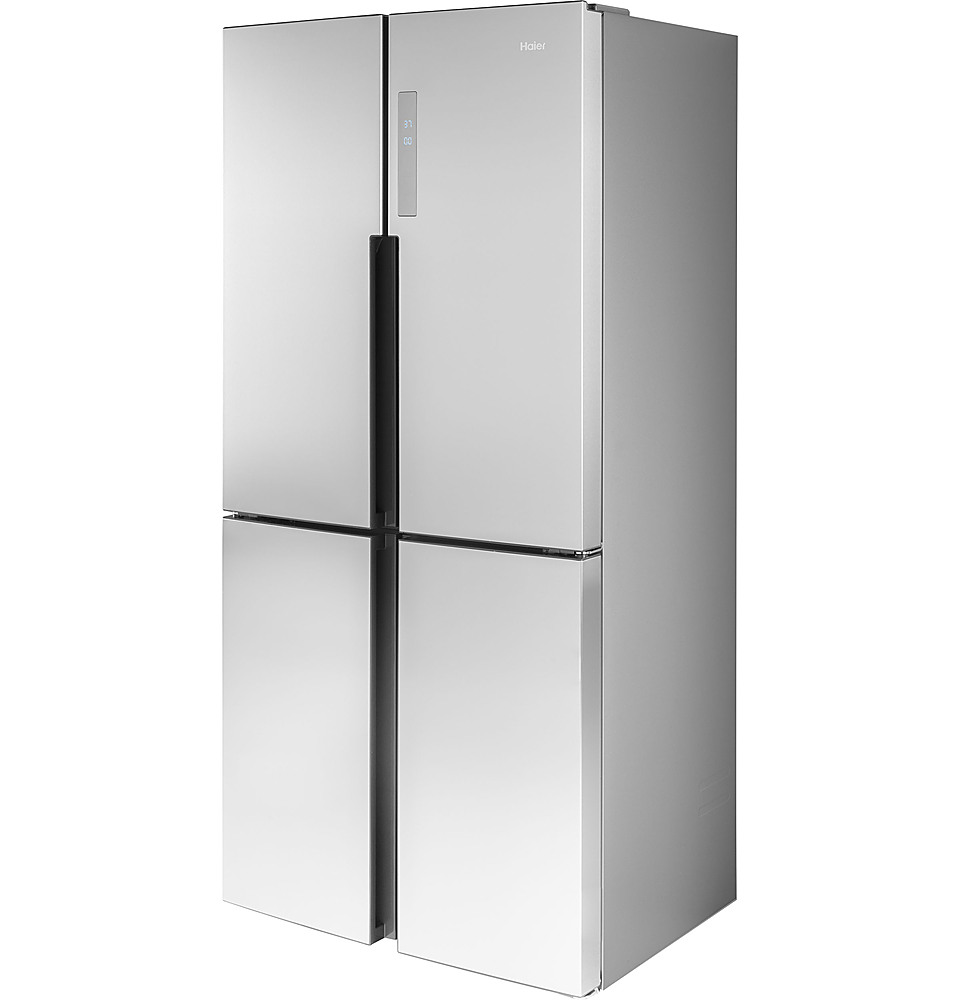 Left View: Samsung - 23 cu. ft. 4-Door Flex™ French Door Counter Depth Refrigerator with WiFi, Beverage Center and Dual Ice Maker - Black stainless steel