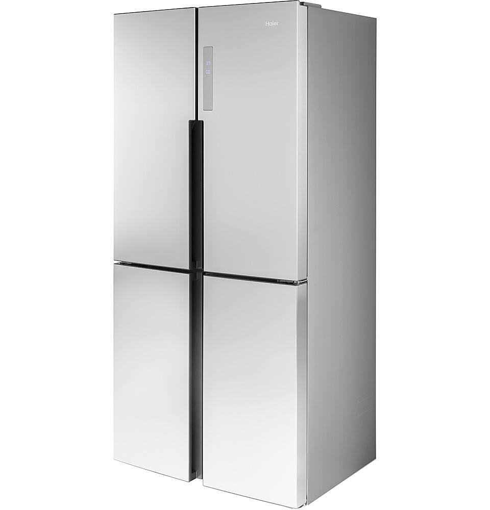Left. Haier - 16.8 Cu. Ft. 4-Door French Door Counter Depth Refrigerator with LED Lighting - Stainless Steel.