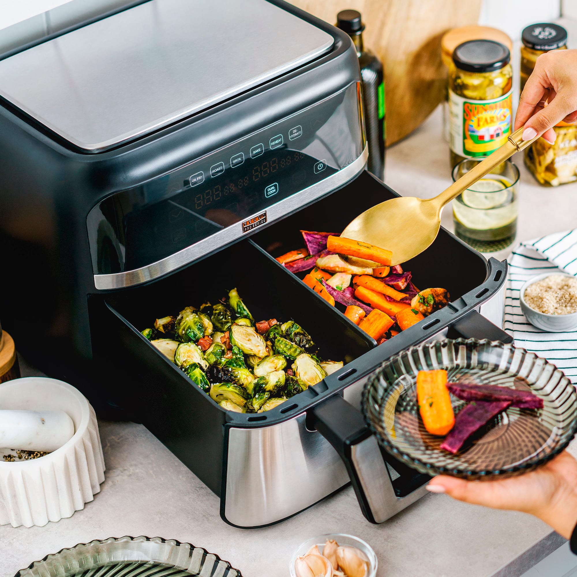 Zoom in on Alt View Zoom 16. Bella Pro Series - 9-qt. Digital Air Fryer with Dual Flex Basket - Stainless Steel.