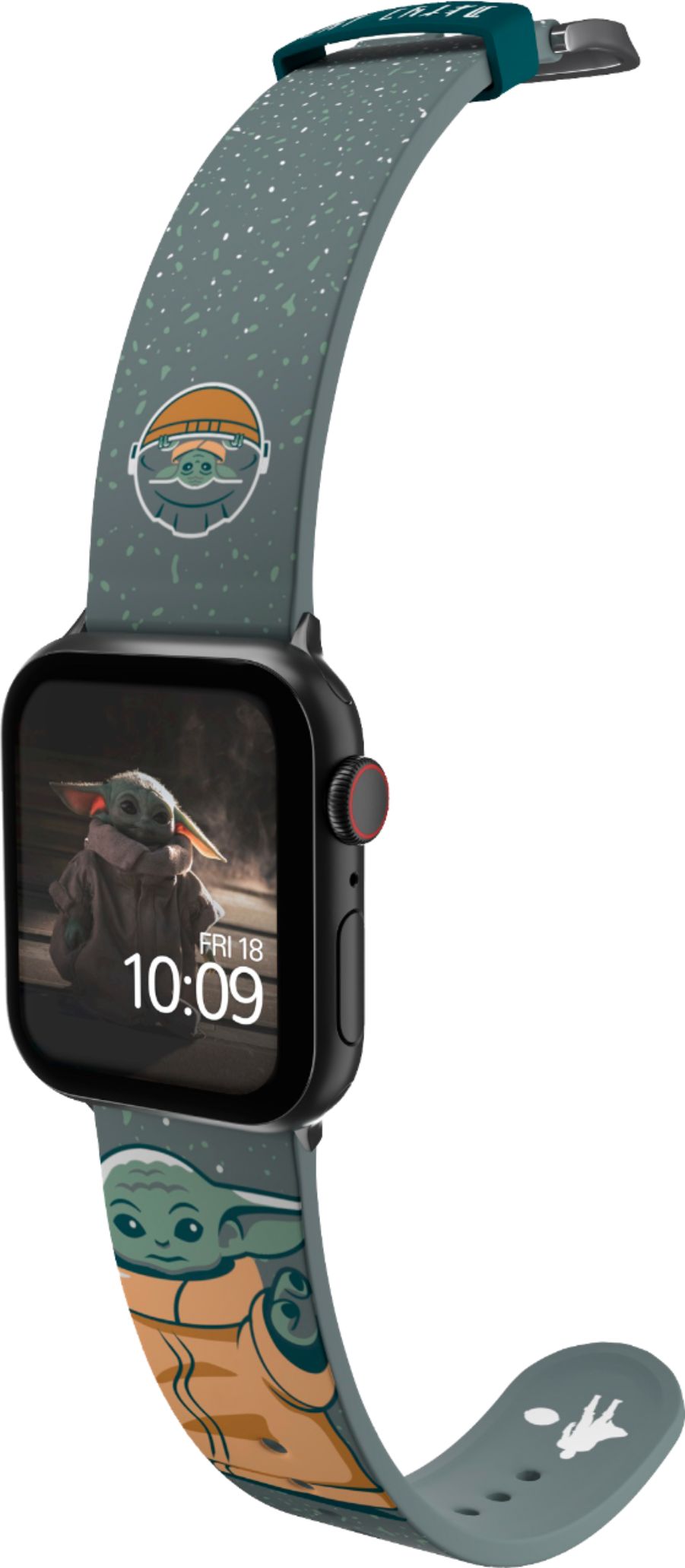 Left View: MobyFox - Star Wars The Mandalorian – The Child Snow Smartwatch Band – Compatible with Apple Watch – Fits 38mm, 40mm, 42mm & 44mm