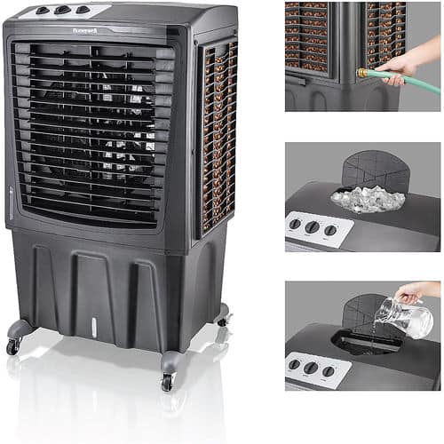 Honeywell 2777 CFM Outdoor Portable Evaporative Cooler & Fan, 33 ft. Air Throw for Large Outdoor Spaces, Black