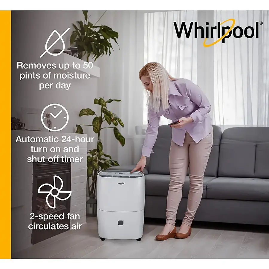 Whirlpool removes up to 50 pints of moisture per day. It has an automatic 24-hour turn on and shut off timer, and a 2-speed fan that circulates air.
