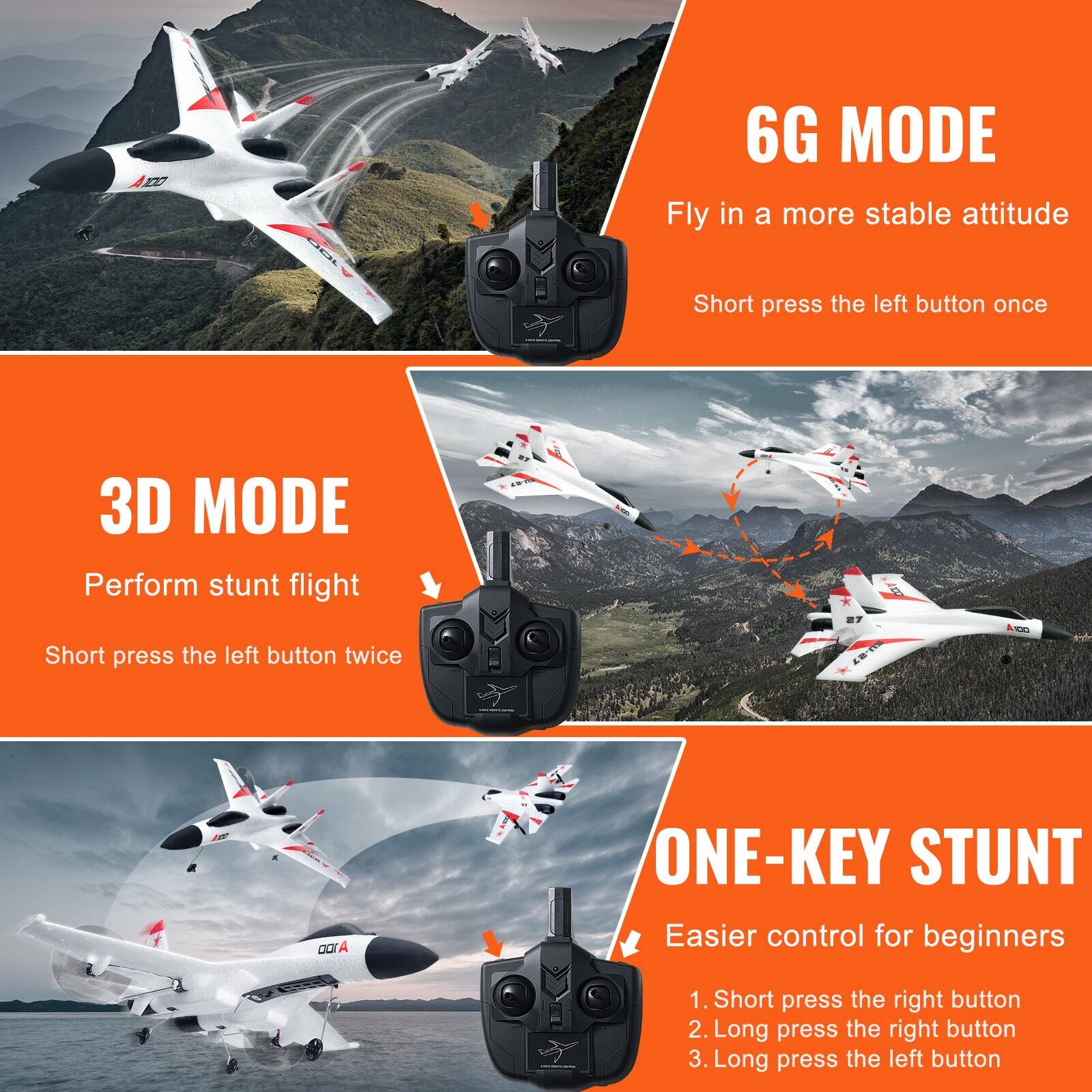 6G MODE  
Fly in a more stable attitude  
Short press the left button once  

3D MODE  
Perform stunt flight  
Short press the left button twice  

ONE-KEY STUNT  
Easier control for beginners  
1. Short press the right button  
2. Long press the right button  
3. Long press the left button