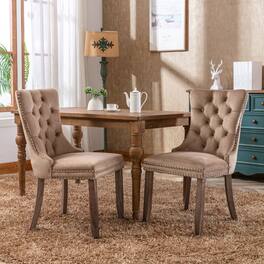 Loheer - Velvet Dining Chairs Set of 2 Tufted Solid Wood Nailhead Trim - Khaki